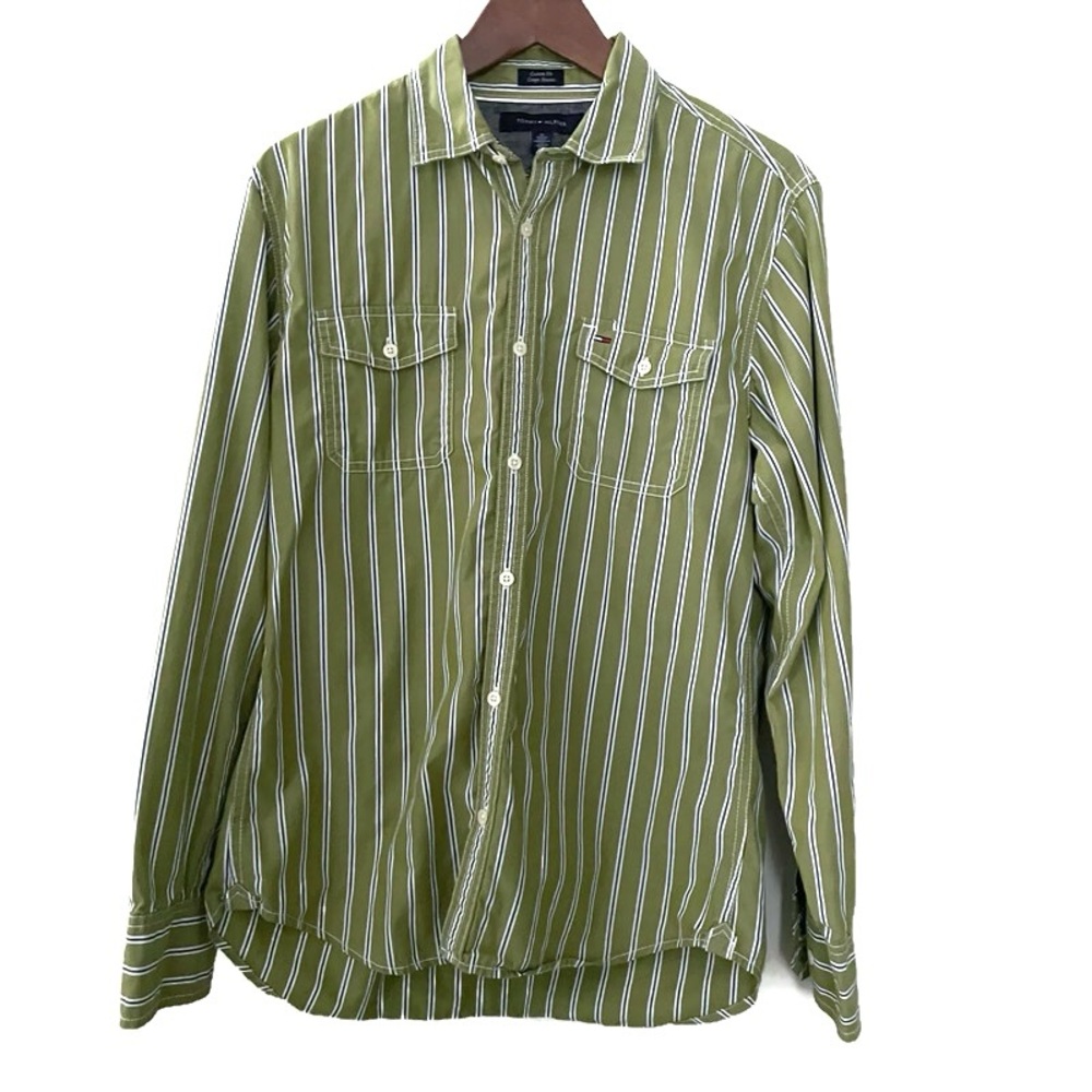 Tommy Hilfiger Olive Green Navy White Striped Button-Up Cotton Shirt Men’s M
